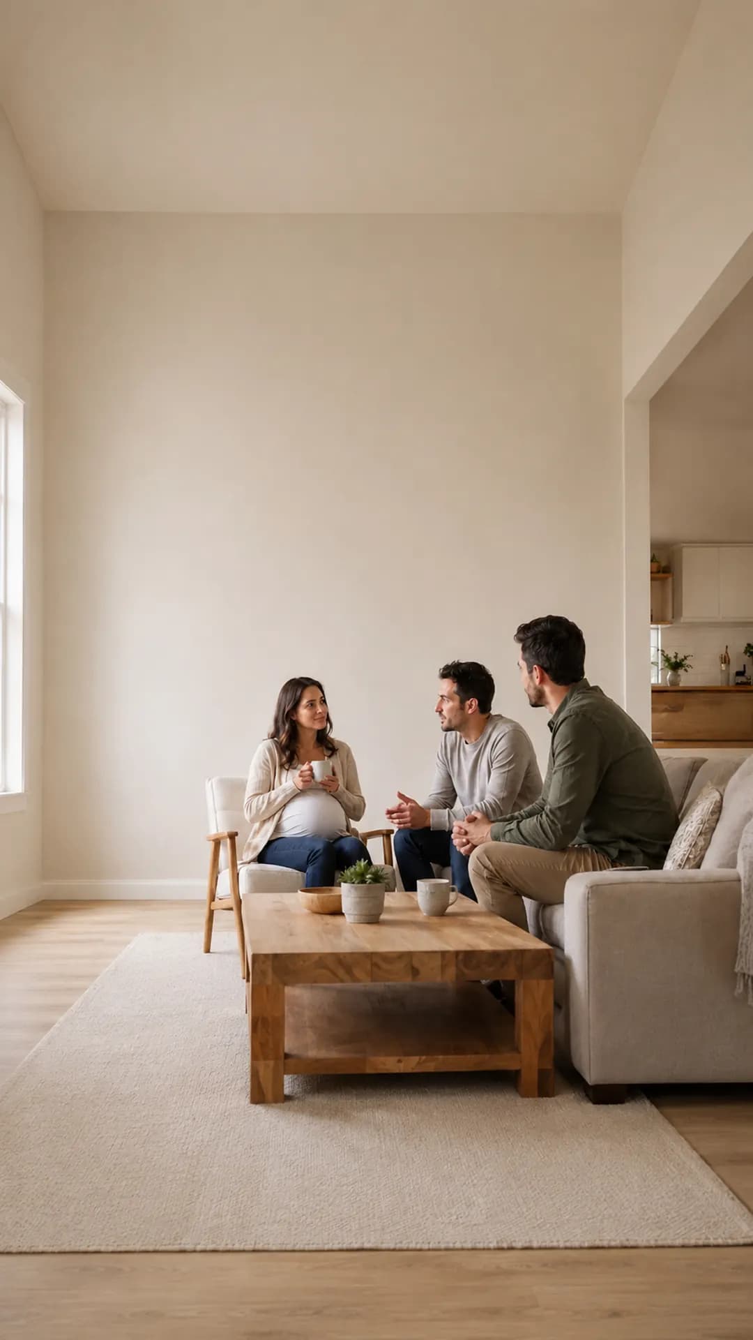 Intended parents meeting with a surrogate in a bright living room