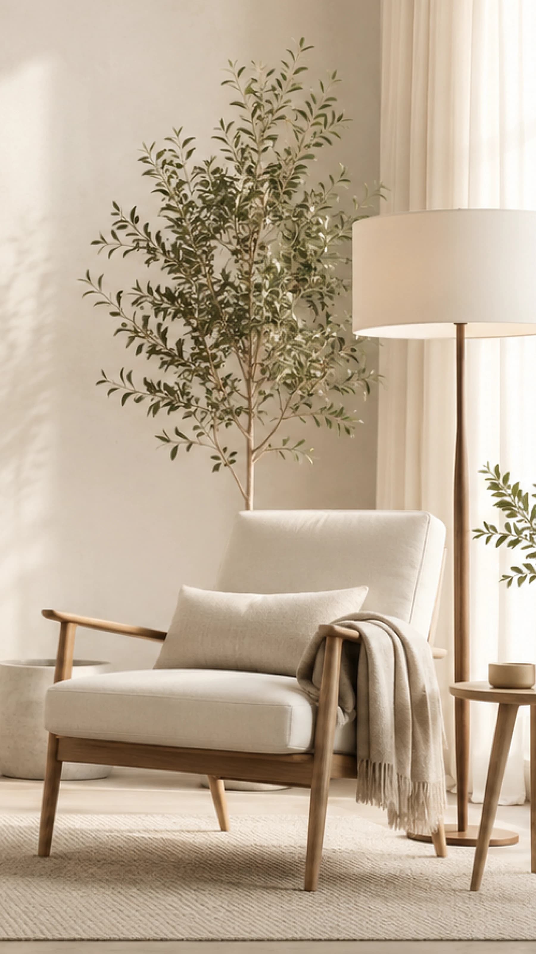 Bright living room with a plant and armchair