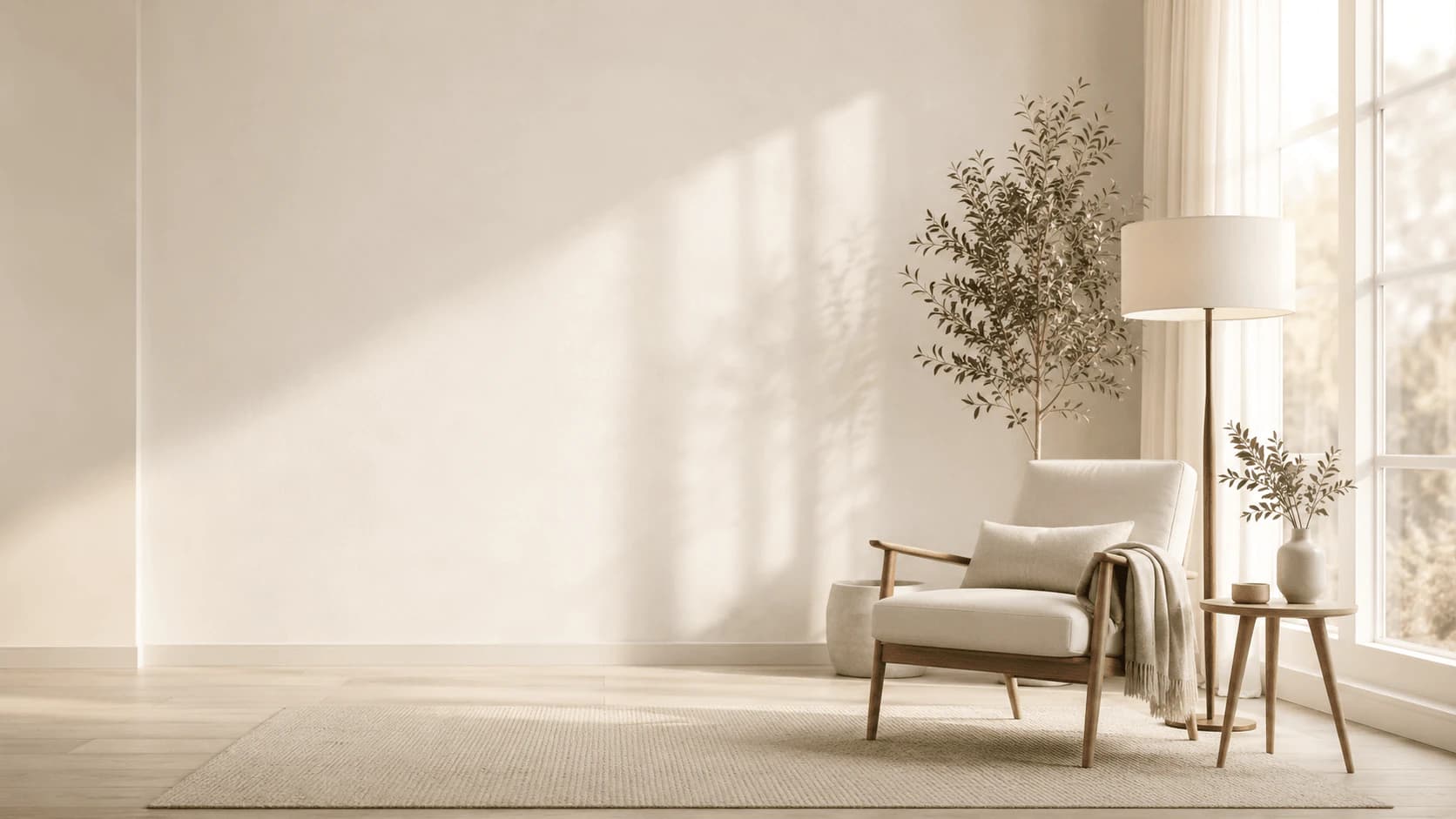 Bright living room with a plant and armchair