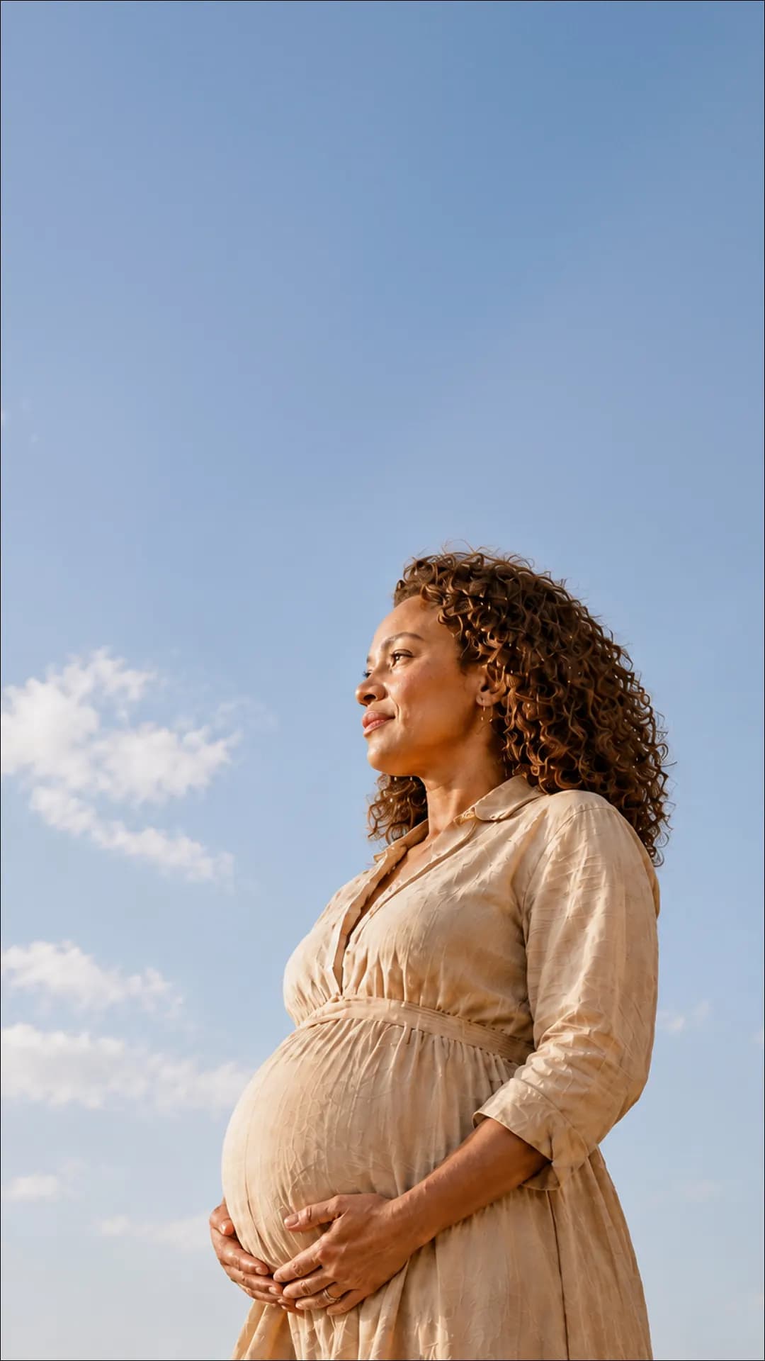 Surrogate mother cradling her belly outdoors under a clear blue sky